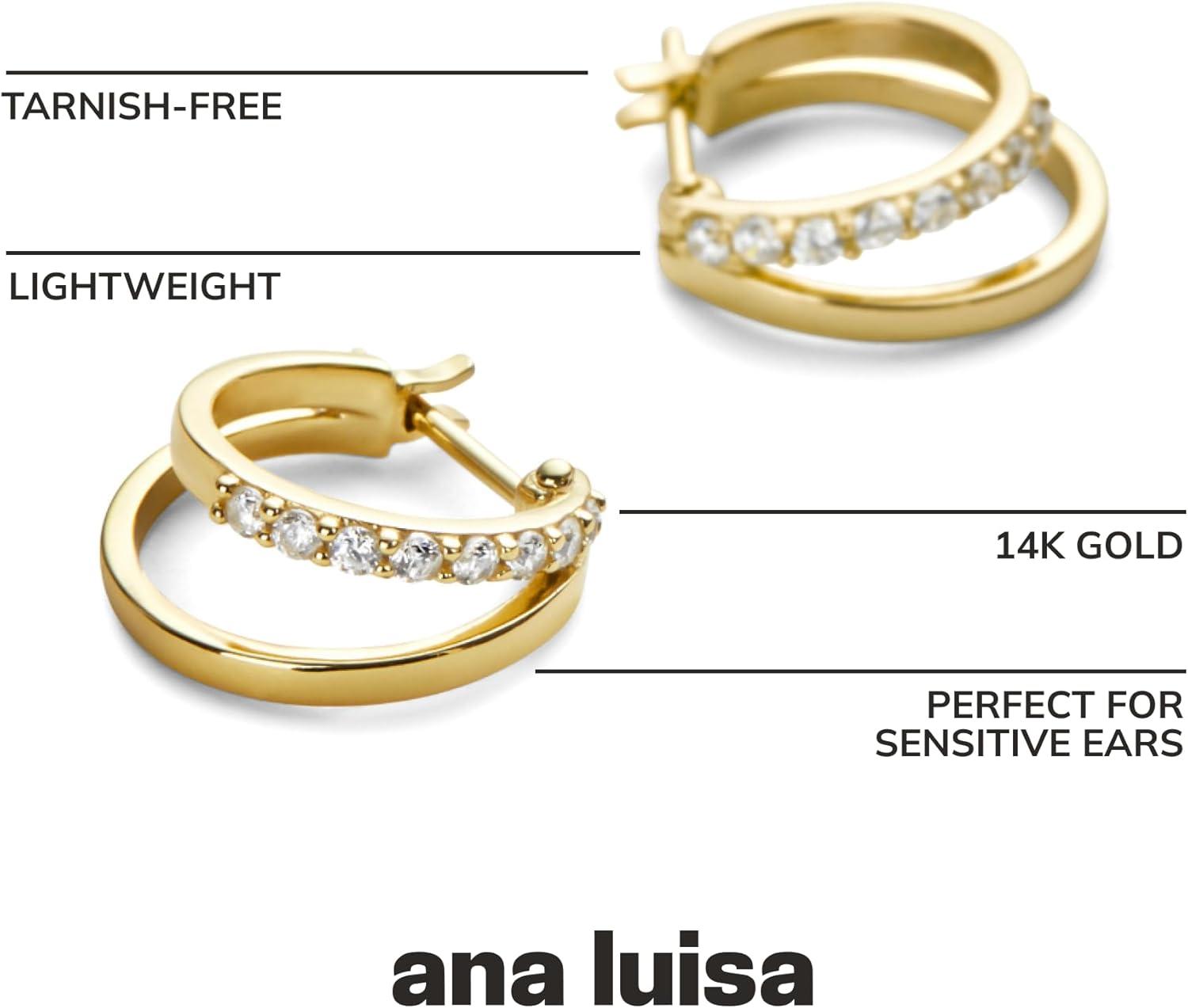 imageAna Luisa Double Hoop Earrings for Women 14K Gold Plated amp Silver Rhodium Huggie Hoops Hypoallergenic WaterResistant TarnishFree Small Dainty amp Trendy Two Hoop Earring StylesGold Cubic Zirconia