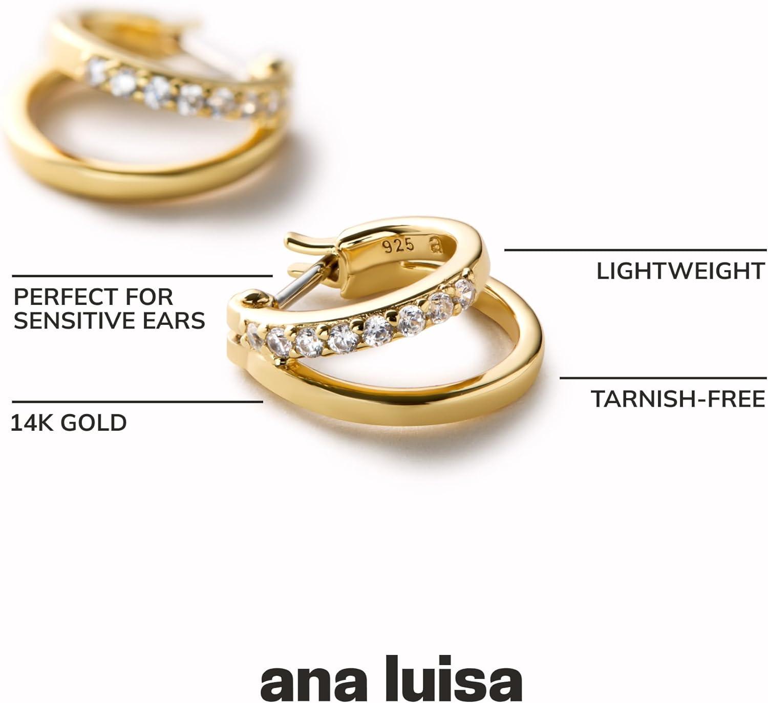 imageAna Luisa Double Hoop Earrings for Women 14K Gold Plated amp Silver Rhodium Huggie Hoops Hypoallergenic WaterResistant TarnishFree Small Dainty amp Trendy Two Hoop Earring StylesGold Cubic Zirconia