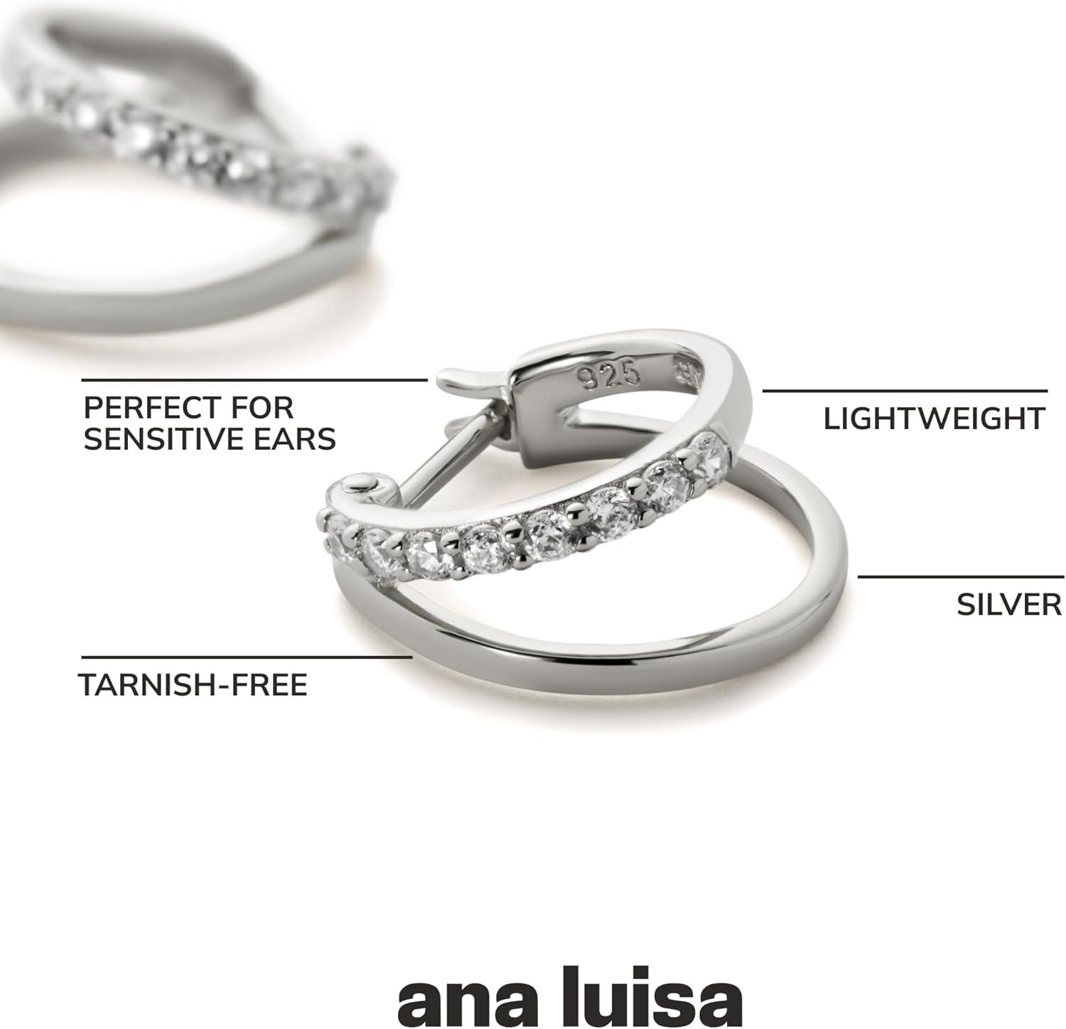 imageAna Luisa Double Hoop Earrings for Women 14K Gold Plated amp Silver Rhodium Huggie Hoops Hypoallergenic WaterResistant TarnishFree Small Dainty amp Trendy Two Hoop Earring StylesSilver Cubic Zirconia
