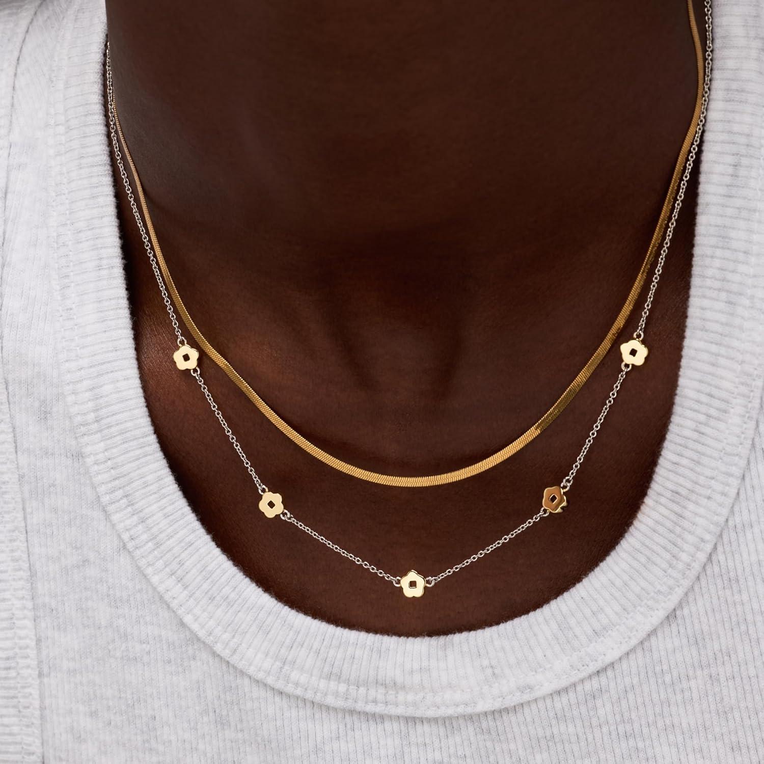 imageAna Luisa Jewelry Gold Plated Chain Necklaces for Women Assorted 14K Gold Plated Styles Hypoallergenic Jewelry Dainty Layering amp Trendy Necklace Styles with Herringbone amp Paperclip DesignsFlower Two Tone