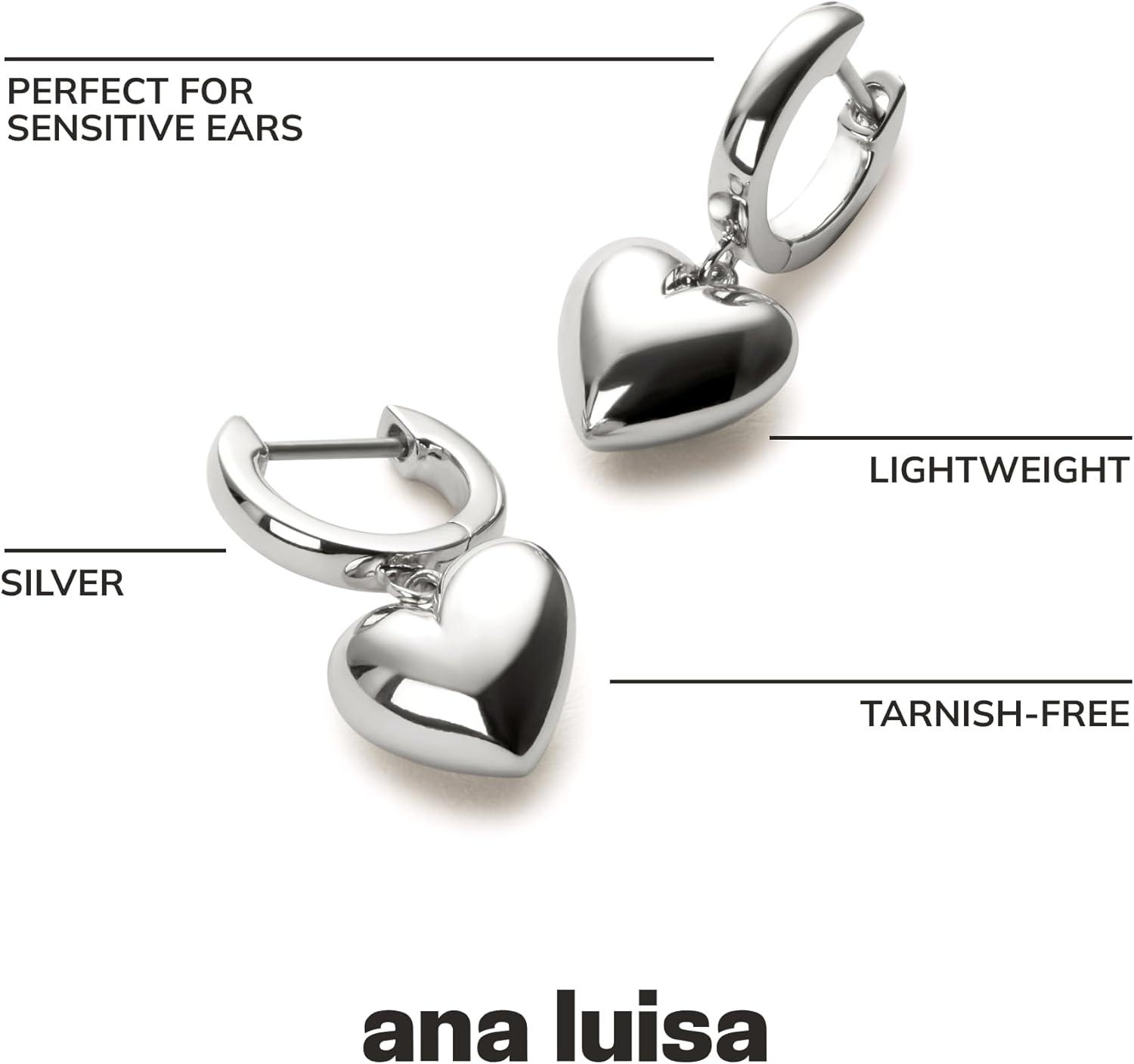 imageAna Luisa Puffed Heart Earrings Heart Charm Huggie Hoops and Earring Stud Styles Dainty 14K Gold Plated Silver Rhodium Plated amp Mixed Metal Silver amp Gold Earrings Hypoallergenic WaterResistantSilver Huggie Hoop