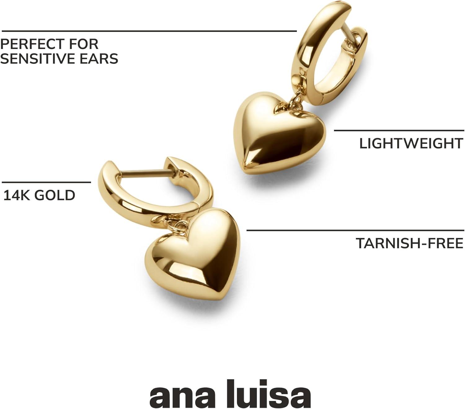 imageAna Luisa Puffed Heart Earrings Heart Charm Huggie Hoops and Earring Stud Styles Dainty 14K Gold Plated Silver Rhodium Plated amp Mixed Metal Silver amp Gold Earrings Hypoallergenic WaterResistantGold Huggie Hoop