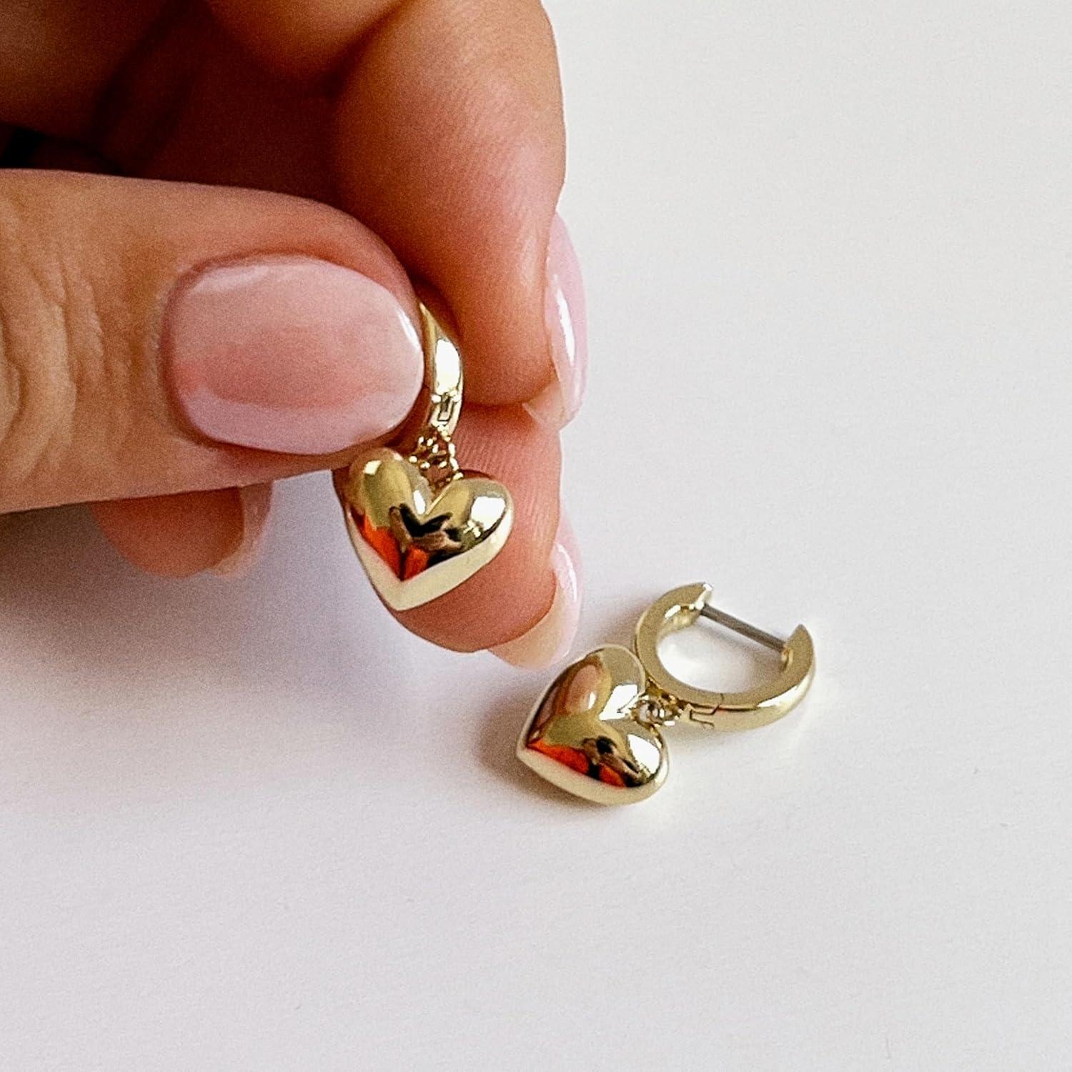 imageAna Luisa Puffed Heart Earrings Heart Charm Huggie Hoops and Earring Stud Styles Dainty 14K Gold Plated Silver Rhodium Plated amp Mixed Metal Silver amp Gold Earrings Hypoallergenic WaterResistantGold Huggie Hoop