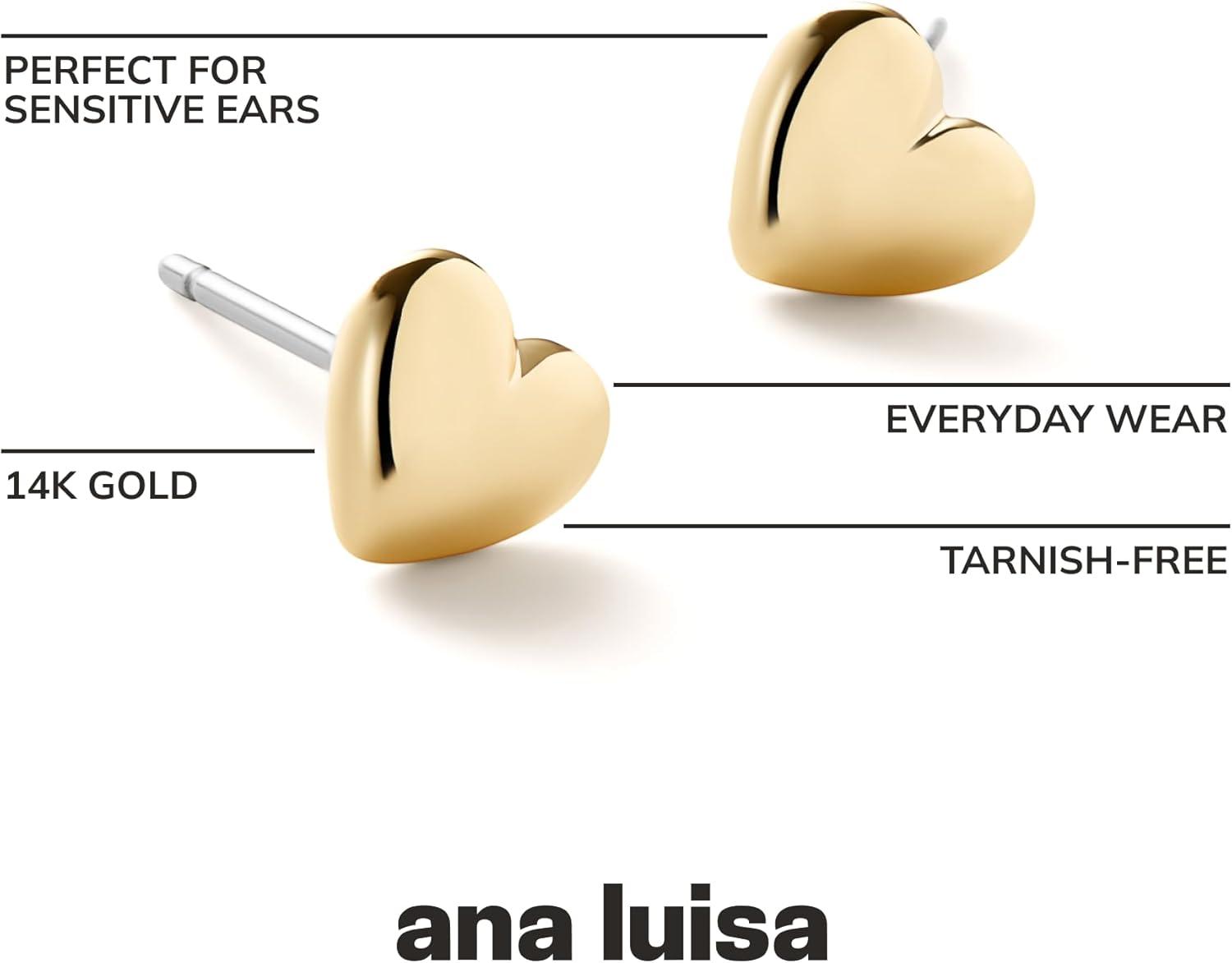imageAna Luisa Puffed Heart Earrings Heart Charm Huggie Hoops and Earring Stud Styles Dainty 14K Gold Plated Silver Rhodium Plated amp Mixed Metal Silver amp Gold Earrings Hypoallergenic WaterResistantGold Stud