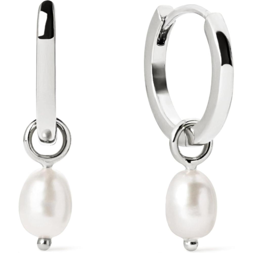 imageAna Luisa Frida Pearl Jewelry Huggie Hoops Medium amp Small 14K Gold Plated amp Silver Rhodium Plated Drop Hoop Earrings with Freshwater Pearls 2in1 Hypoallergenic WaterResistant TarnishFree HoopSilver Pearl