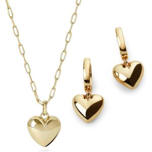 Ana Luisa Lev Heart Earring and Necklace Two Piece Set for Women – 14K Gold Plated Paperclip Chain With Puffed Matching Heart Charm Huggie Hoop Earrings – Gifts for Women