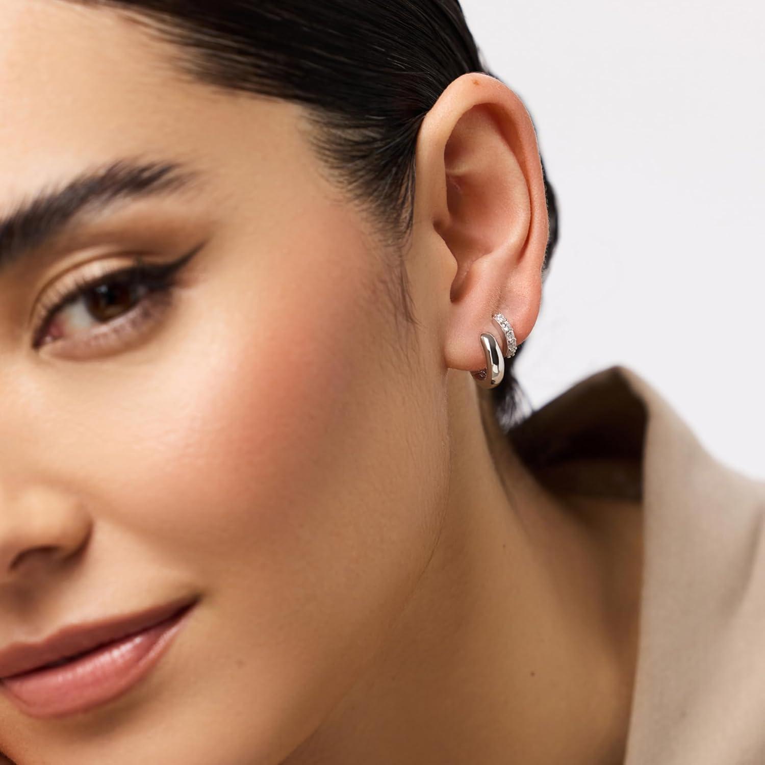 imageAna Luisa Huggie Hoop Earrings Minimal Single amp Stacked Double Hoop Styles for Women 14K Gold Plated Silver Rhodium amp TwoTone Hypoallergenic WaterResistant TarnishFreeMiniSilver