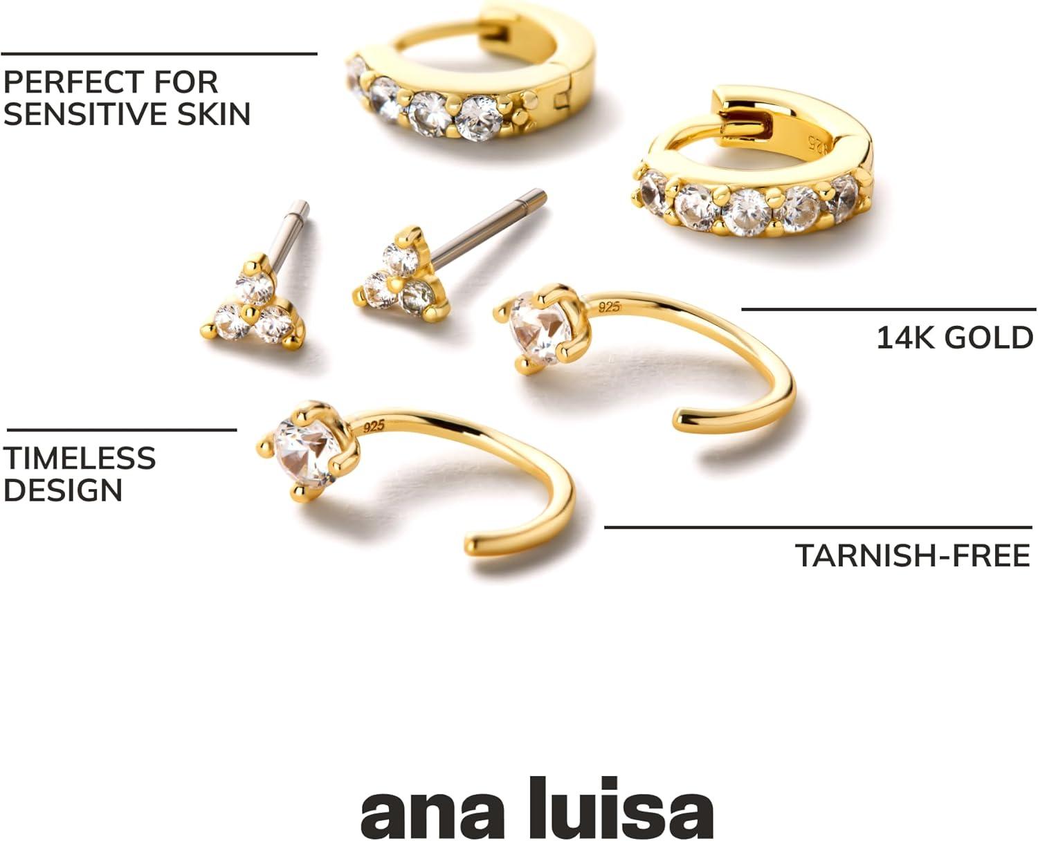 imageAna Luisa Small Gold Earring Set 14K Gold Plated With Cubic Zirconia Earrings Hypoallergenic WaterResistant TarnishFree Jewelry Dainty Huggie Hoops amp Stud Earrings for Women 3 pairsEverday Bundle