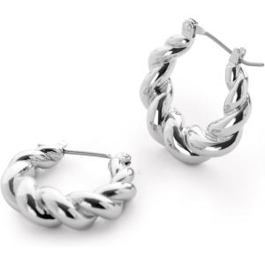 Ana Luisa Twisted Huggie Hoop Silver Earrings for Women – Chunky Braided Silver Rhodium Plated Hoops w/Stainless Steel Posts – Hypoallergenic Water-Resistant Tarnish-Free – Chunky Earrings for Women