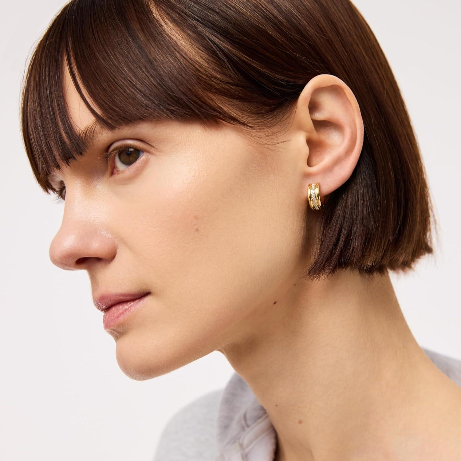 imageAna Luisa Asher Small Huggie Hoop Earrings for Women 14K Gold Plated Silver Rhodium Plated and Two Tone Styles Hypoallergenic TarnishFree Ana Luisa Jewelry Stylish Gold Hoop EarringsGold Pave Triple Huggie Hoop