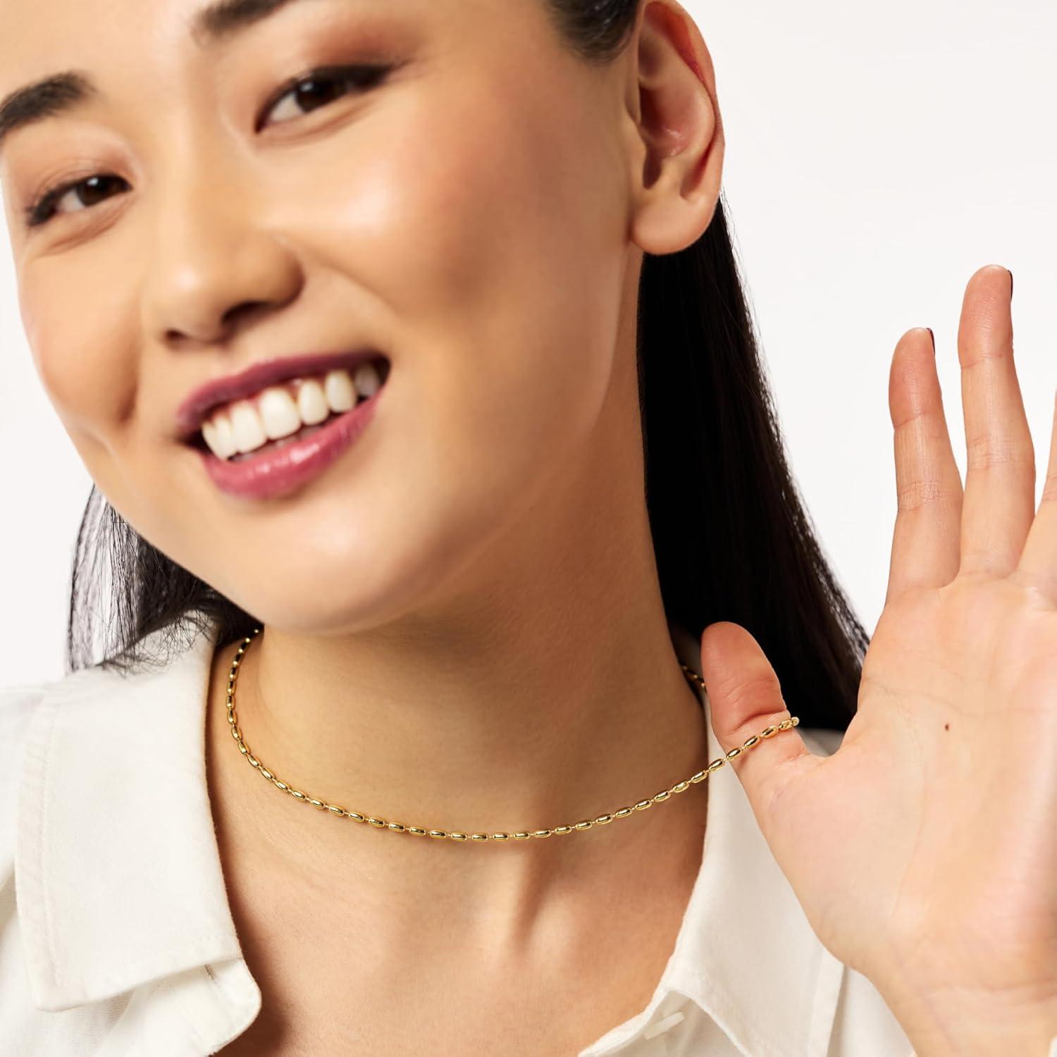 imageAna Luisa Jewelry Gold Chain Necklaces for Women 14K Gold Plated Dainty Necklaces for Layering and Daily Wear Hypoallergenic WaterResistant Jewelry Flower Heart Chain Assorted StylesCapri Ball Chain