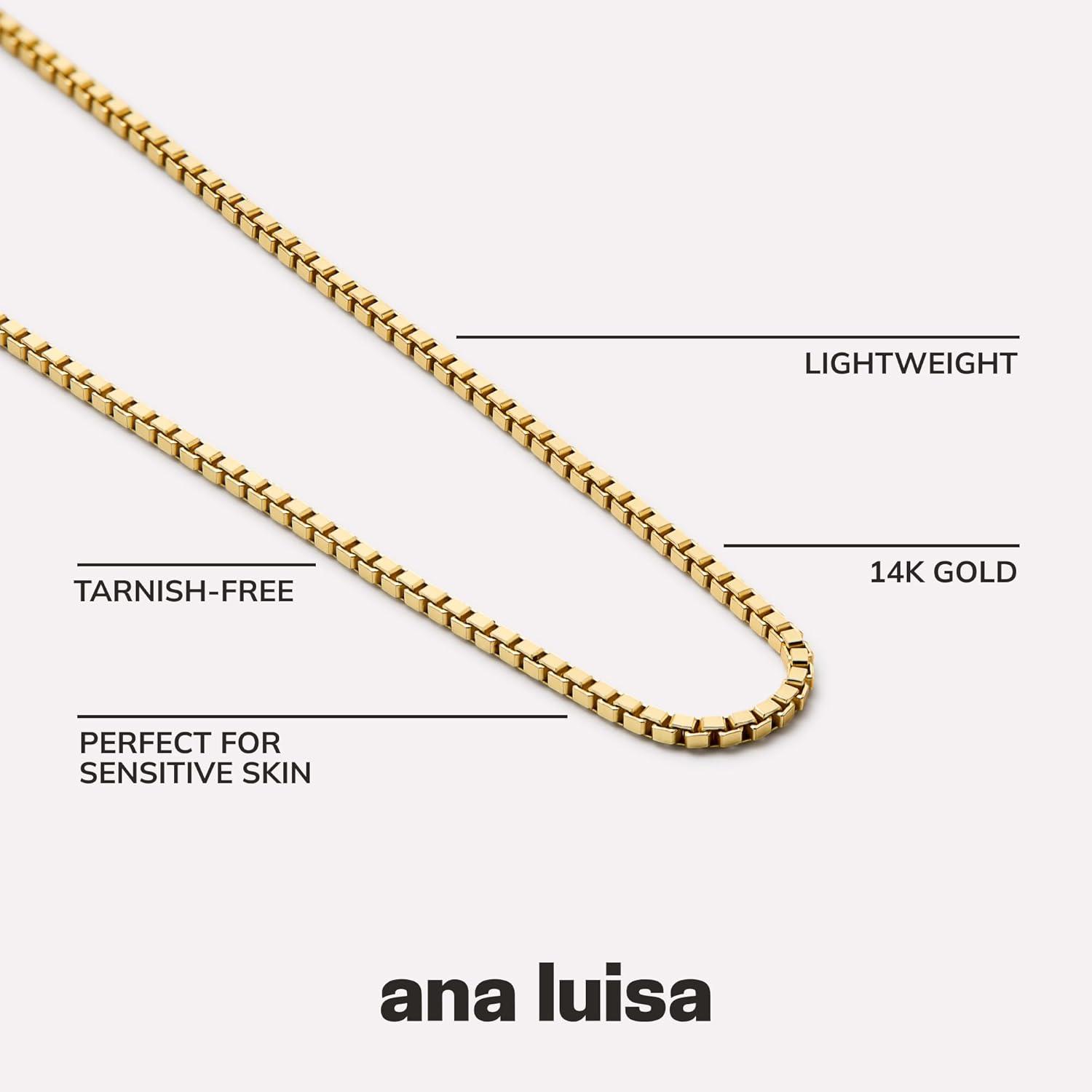 imageAna Luisa Jewelry Gold Chain Necklaces for Women 14K Gold Plated Dainty Necklaces for Layering and Daily Wear Hypoallergenic WaterResistant Jewelry Flower Heart Chain Assorted StylesBox Chain Gold